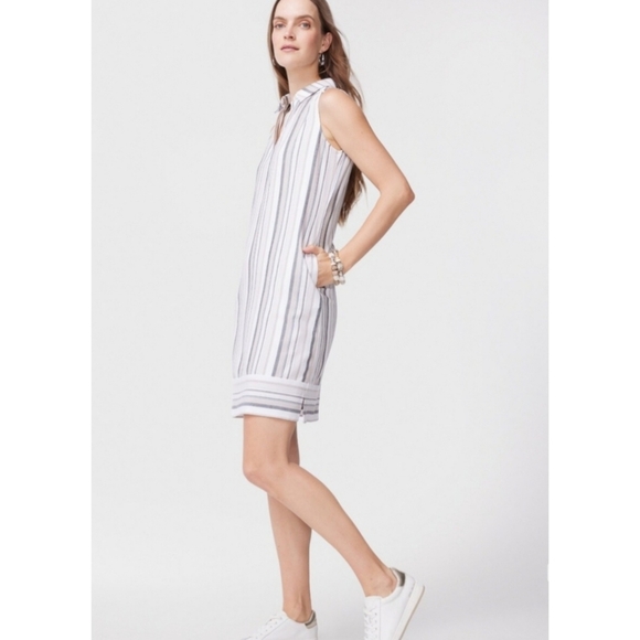 Chico's Impact Stripe Mini Dress Taupe and Gray Size 2 New with Tags Preppy - Picture 1 of 10